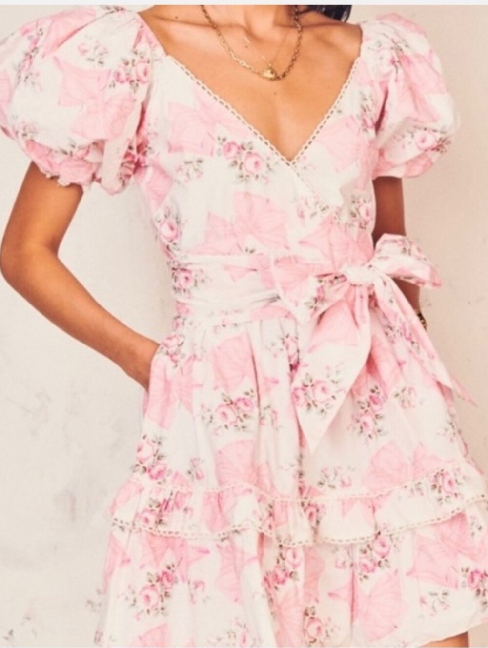 Love Shack Fancy Zelle Rosa Beaux Bow Print Mini Dress Pink & White Cotton Sz 0
